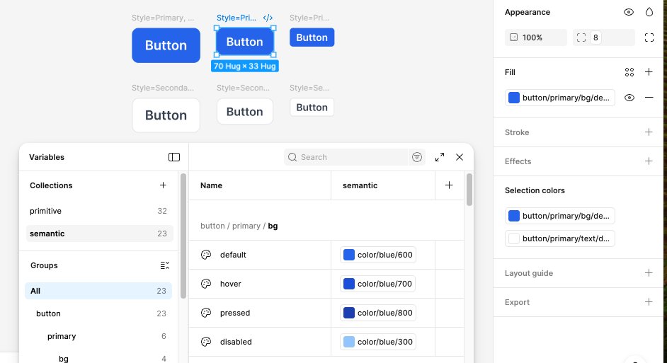 All 6 buttons with variables bound showing semantic token names in Figma Variables panel