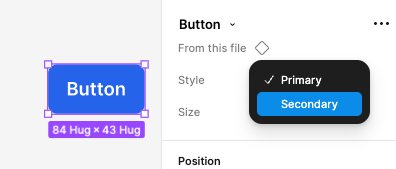 Figma component set with Style and Size variant properties