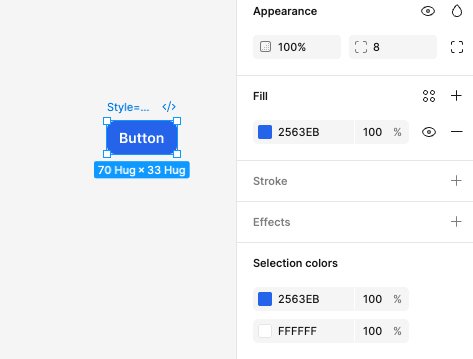Test button created by Claude Code showing blue button with #2563EB fill in Figma