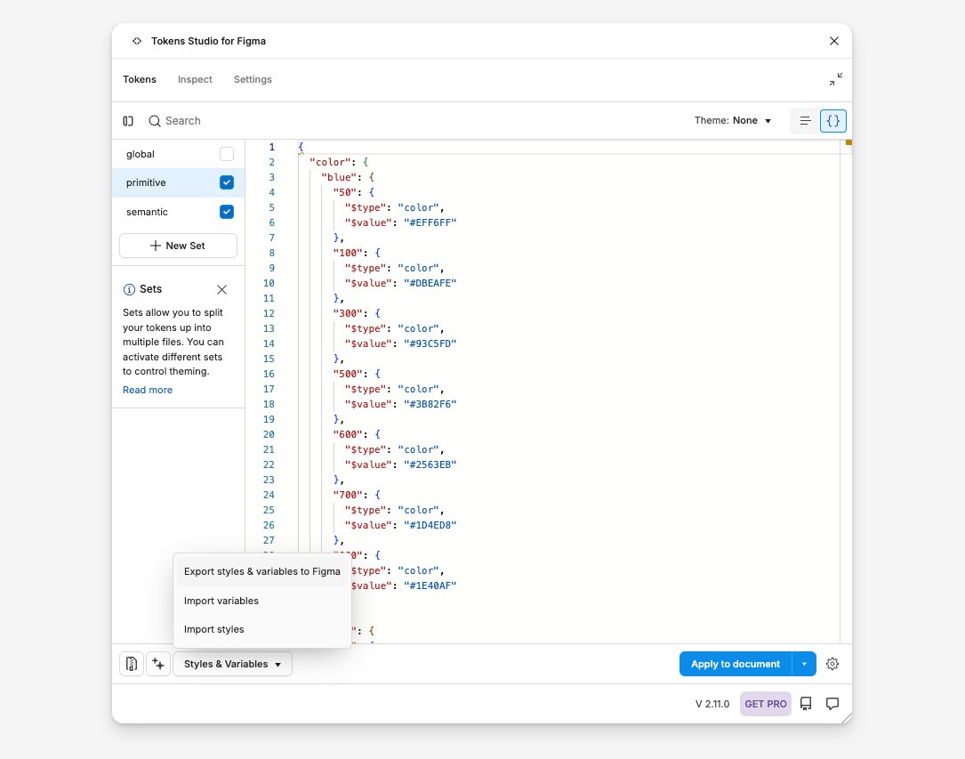 Token Studio showing primitive and semantic sets with Styles & Variables export menu